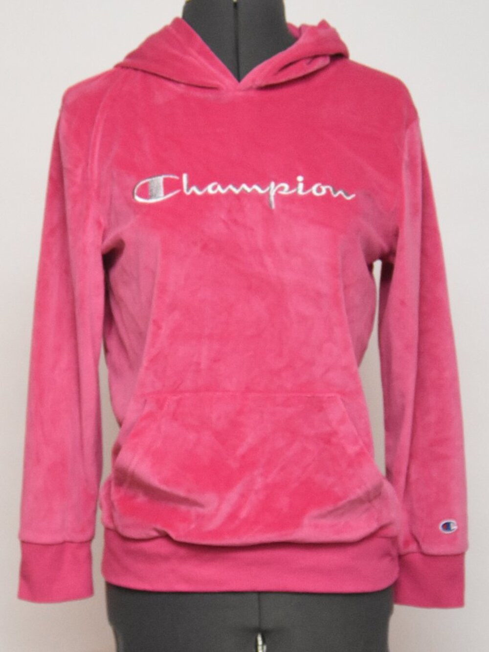 Champion Girls Large Pink Velour Pullover Hoodie Script Silver Logo Soft Cozy